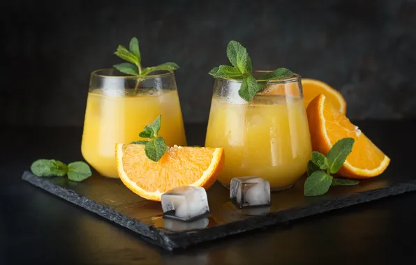 Лёд, апельсины, сок, стаканы, натюрморт, мята, дольки, апельсиновый сок