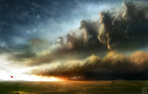 Картинка девушка, облака, лучи, дождь, кони, буря, арт, воздушный змей