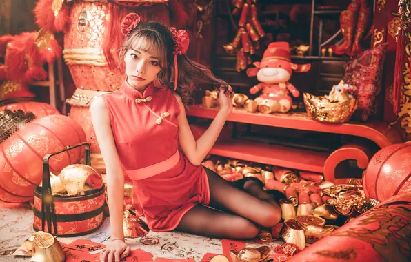 Картинка legs, model, women, brunette, asian, red lipstick, looking at viewer, pulling hair