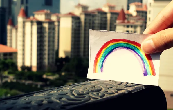 City, город, бумага, краски, рисунок, Радуга, rainbow