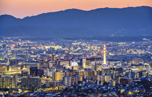 Ночь, город, фото, дома, Япония, Kyoto, мегаполис