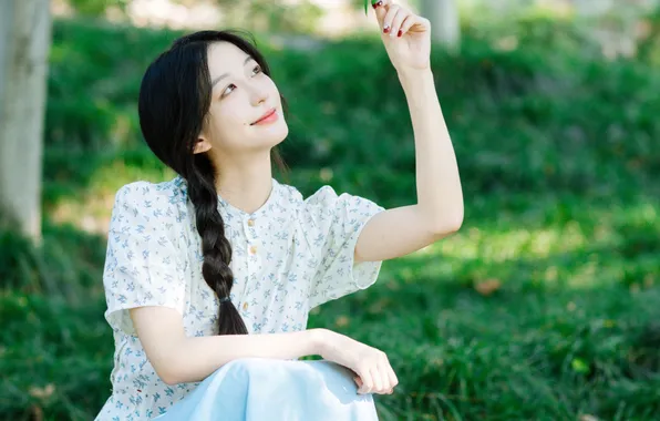 Grass, Beautiful, Asian, Model, Smile, Woman, Cute, Pretty