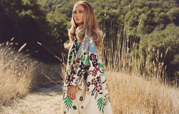 Взгляд, девушка, природа, поза, волосы, певица, Jennifer Lopez, пальто