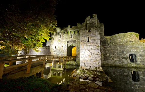 Картинка ночь, мост, замок, Великобритания, крепость, ров, камни.деревья, North Wales