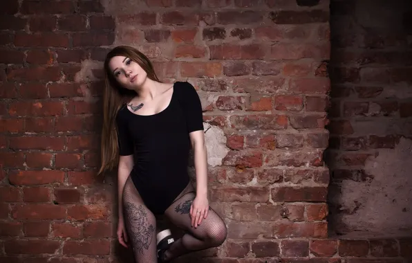 Model, Tattoo, Pose, Sneakers, Fishnets, Bodysuit, Against The Wall