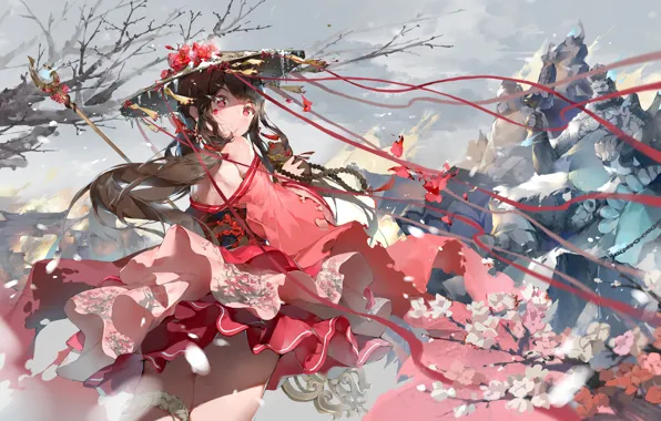 Платье, Девочка, Аниме, Anime, Холод, Cold, Зимние цветы, Winter Flowers