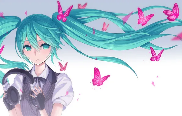 Картинка девушка, бабочки, волосы, наушники, арт, vocaloid, hatsune miku, вокалоид