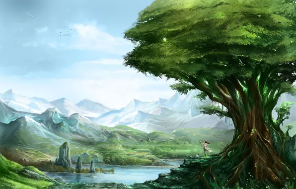 Картинка зелень, девушка, пейзаж, горы, озеро, дерево, скалы, арт