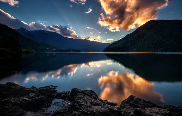 Картинка лес, небо, закат, горы, тучи, озеро, Olympic National Park, Aurora Ridge