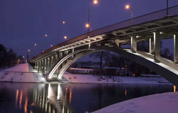 River, bridge, winter, snow, evening, lanterns, Kiev, Dnieper