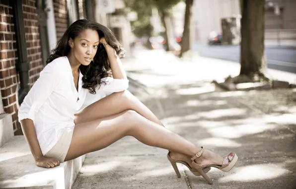 City, girl, model, street, bokeh, white dress, heels, mulatto