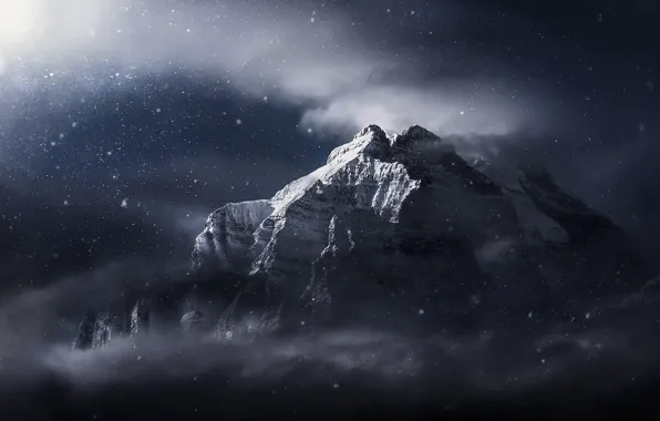 Картинка зима, облака, свет, снег, горы, мрак