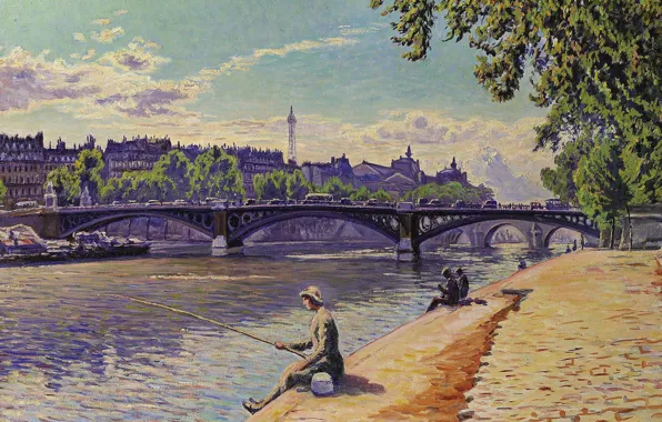 Картинка мост, река, картина, городской пейзаж, Gustave Cariot, Гюстав Карио, Рыбачка