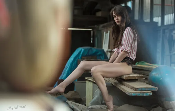 Girl, sexy, panties, long hair, legs, photographer, barefoot, model