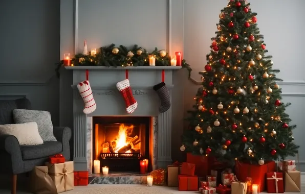 Комната, елка, интерьер, Рождество, Новый год, камин, Christmas, view