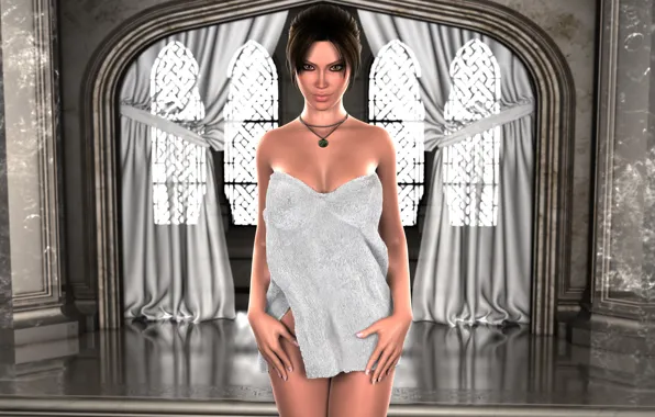 Грудь, рендеринг, тело, окна, полотенце, lara croft, tomb raider