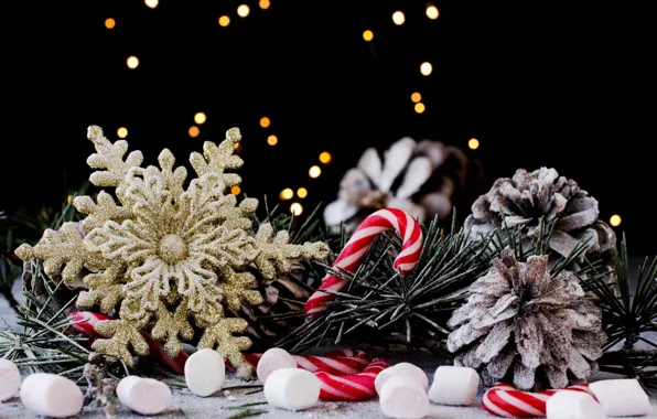Картинка праздник, новый год, рождество, конфеты, хвоя, шишки, снежинка, декор