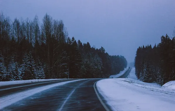 Зима, дорога, лес, небо, асфальт, снег, деревья, пейзаж