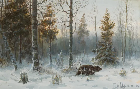 Картинка зима, лес, снег, природа, картина, мишка