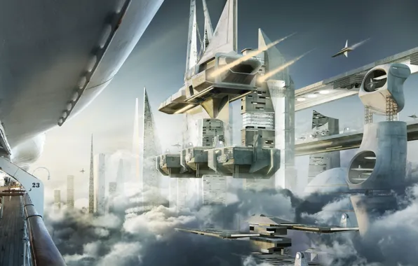 Облака, транспорт, сооружения, космопорт, Skyship cove