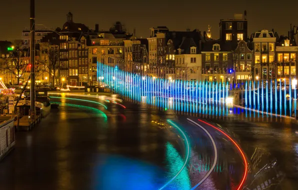 Дорога, ночь, огни, выдержка, Амстердам, Нидерланды, Amsterdam, Netherlands