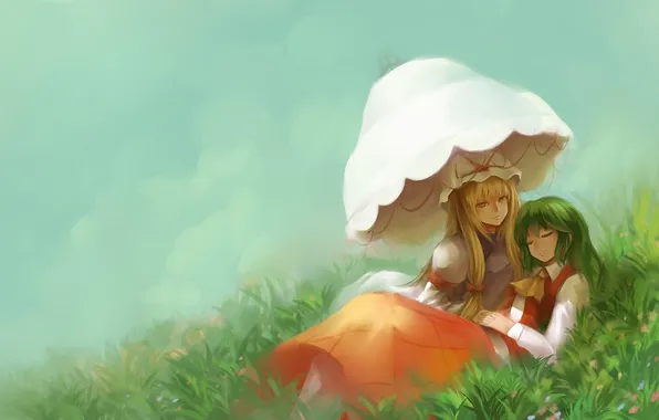 Картинка трава, девушки, отдых, зонт, холм, арт, touhou, kazami yuuka