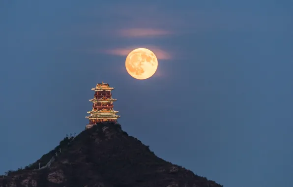 Картинка гора, Луна, Китай, храм