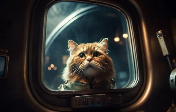 Кошка, кот, взгляд, поза, блики, космонавт, окно, рыжий