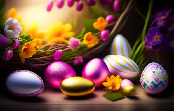 Картинка цветы, яркие, яйца, Пасха, гнездо, разноцветные, крашенки, нейросеть