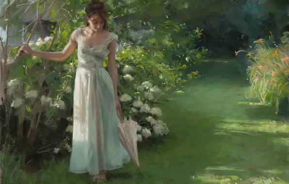 Картинка Vicente Romero Redondo, flowers, painting art, bare shoulders, garden, long dress, painting, dress