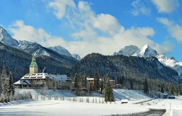 Картинка зима, снег, деревья, горы, Германия, Бавария, Крюн, замок Эльмау