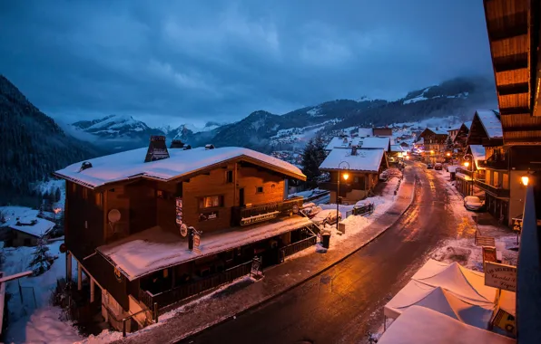 Картинка зима, горы, огни, France, Chatel