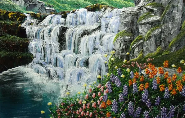 Вода, цветы, природа, водопад, живопись