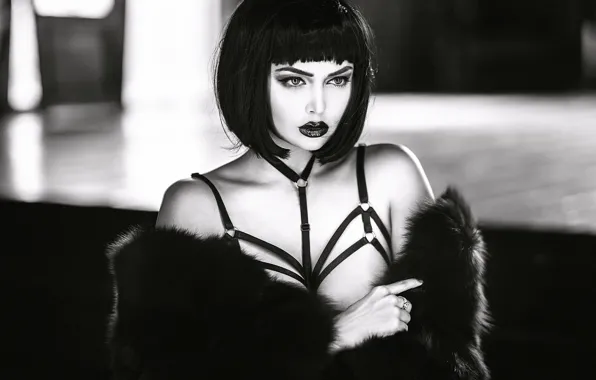 Картинка девушка, black & white, брюнетка, черно-белое, монохром