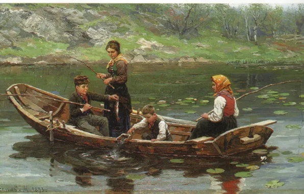Дети, озеро, лодка, рыбалка, EKENAES
