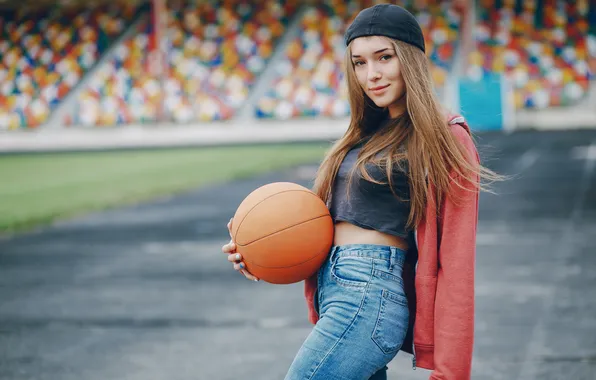 Girl, woman, beautiful, jeans, cap, ball