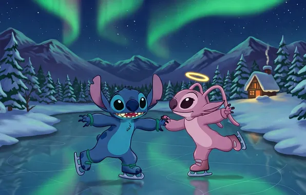 Горы, ночь, инопланетянин, домик, character, alien, персонаж, Stitch