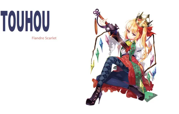 Кровь, крылья, корона, белый фон, кристаллы, ранение, touhou, art