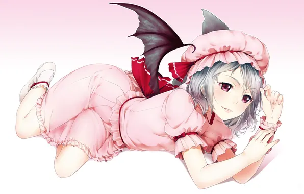 Девушка, поза, улыбка, крылья, демон, touhou, remilia scarlet, art