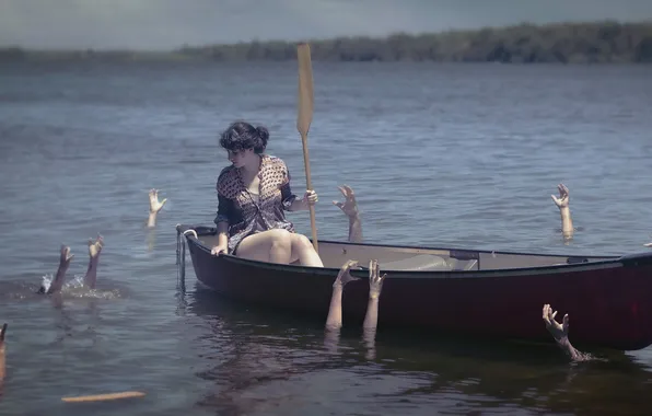 Картинка девушка, озеро, лодка, руки