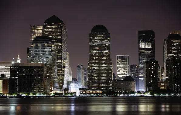 Картинка свет, ночь, город, огни, здания, Нью-Йорк, небоскребы, USA