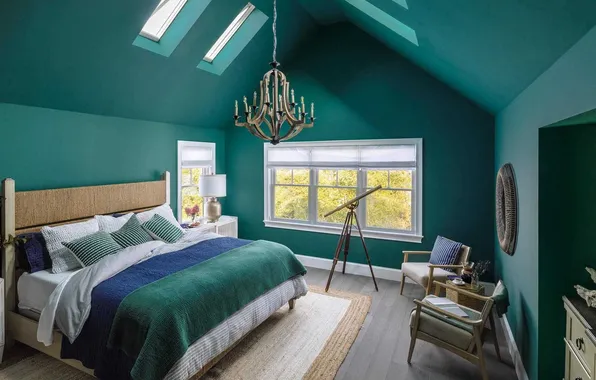 Дизайн, стиль, комната, интерьер, спальня, bedroom, green walls, открытые мансардные окна