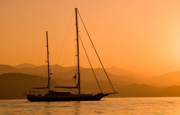 Море, туман, побережье, корабль, утро, дымка, штиль, мачты