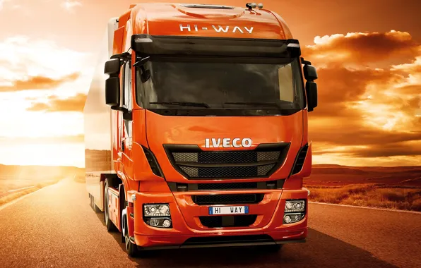 Дорога, закат, пустыня, трасса, 500, тягач, Iveco, Stralis