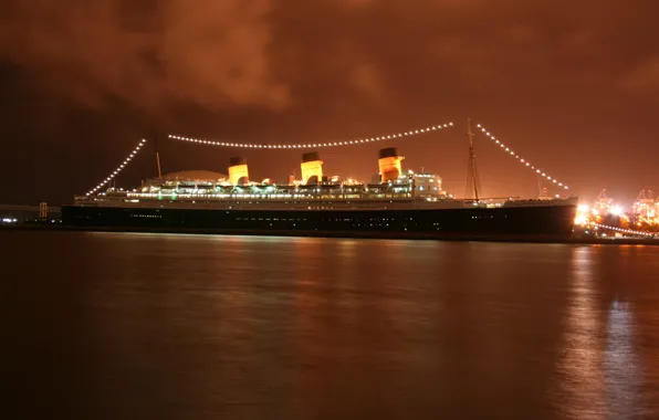 Вечер, лайнер, Queen Mary 2, круизный, порт.