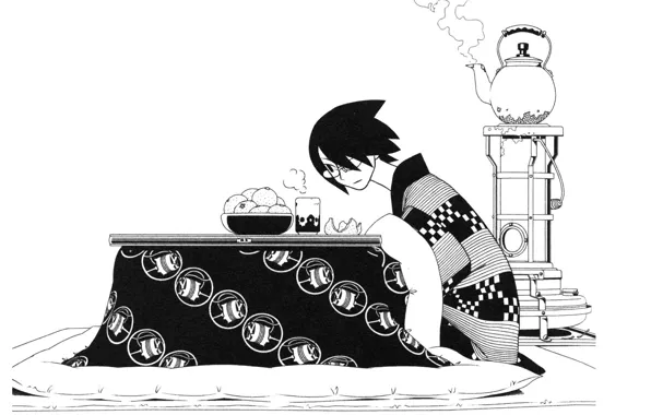 Стол, рисунок, черно-белая, чайник, очки, одеяло, котацу, Sayonara Zetsubou Sensei