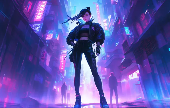 City, anime, neon, cyberpunk, women, AI art