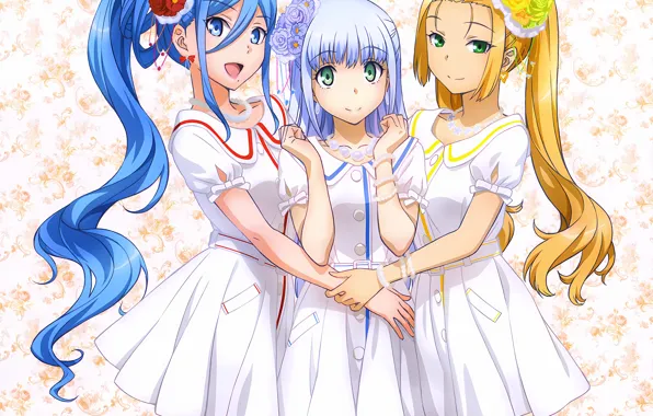 Green eyes, long hair, dress, girls, anime, blue eyes, beautiful, ponytail