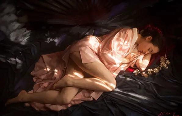 Картинка девушка, розовый, ноги, сон, покрывало, постель, халат, art