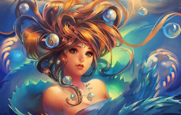 Картинка девушка, арт, sakimichan, украшения, пузыри, под водой, волосы